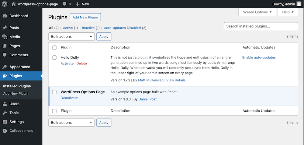 A screenshot of the plugin admin area showing the activated WordPress Options Page plugin.